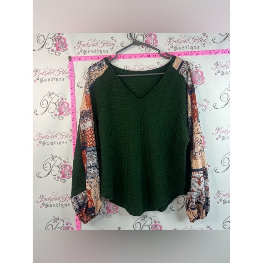 SHEIN top Waffle Knit V-Neck Top with Patchwork Balloon Sleeves - Forest Green